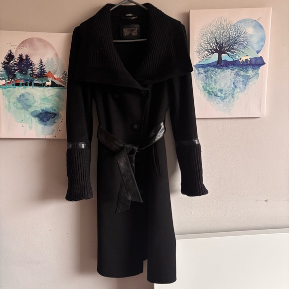 Mackage Black Wool Blend Mid-Length Jacket Leather Detail Womens XS Belted Chic - Picture 2 of 7